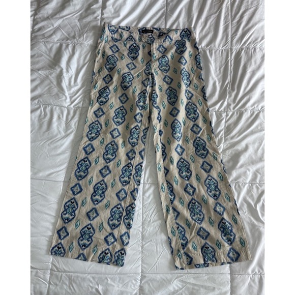 Willi Smith 6 Pants Blue Ivory Geometric Ikat Print Linen Blend Wide Leg Beachy - Picture 1 of 10